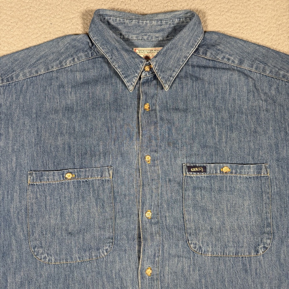 Vintage Guess Shirt Mens XL Blue Denim Button Up Pockets George Marciano USA
